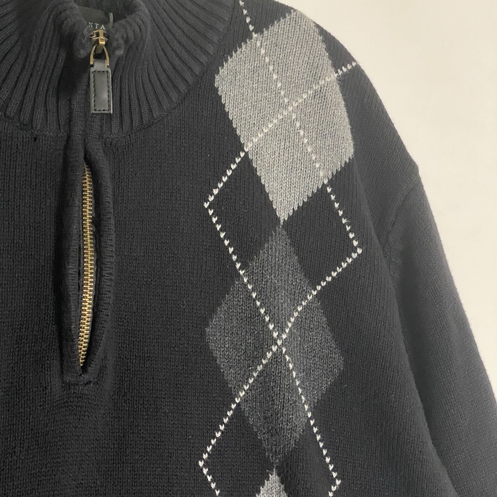 Oscar De La Renta Sweater Mens XL Black Argyle Tight Knit Quarter Zip Preppy‎ - Picture 8 of 16
